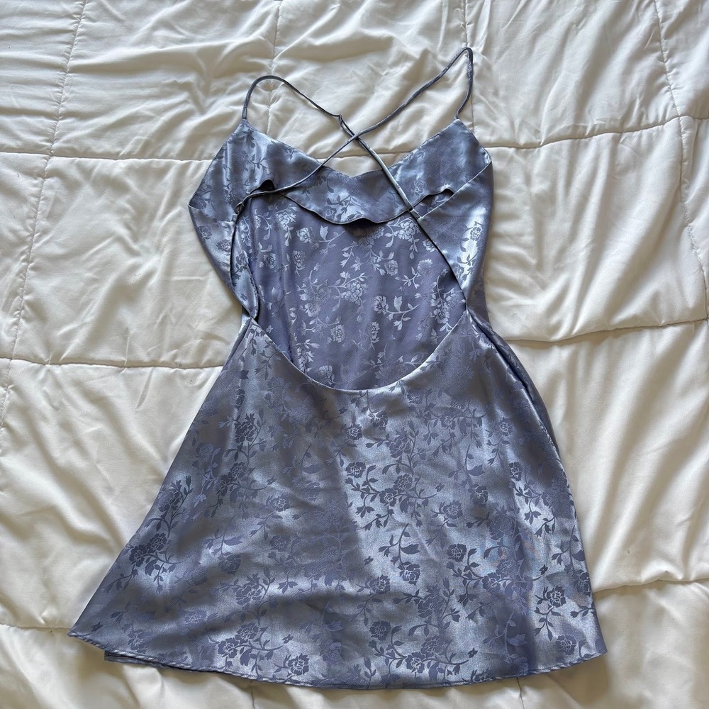 Victorias Secret Floral Satin Mini Dress Blue Strappy Back Side Slit V-Neck - Picture 10 of 11